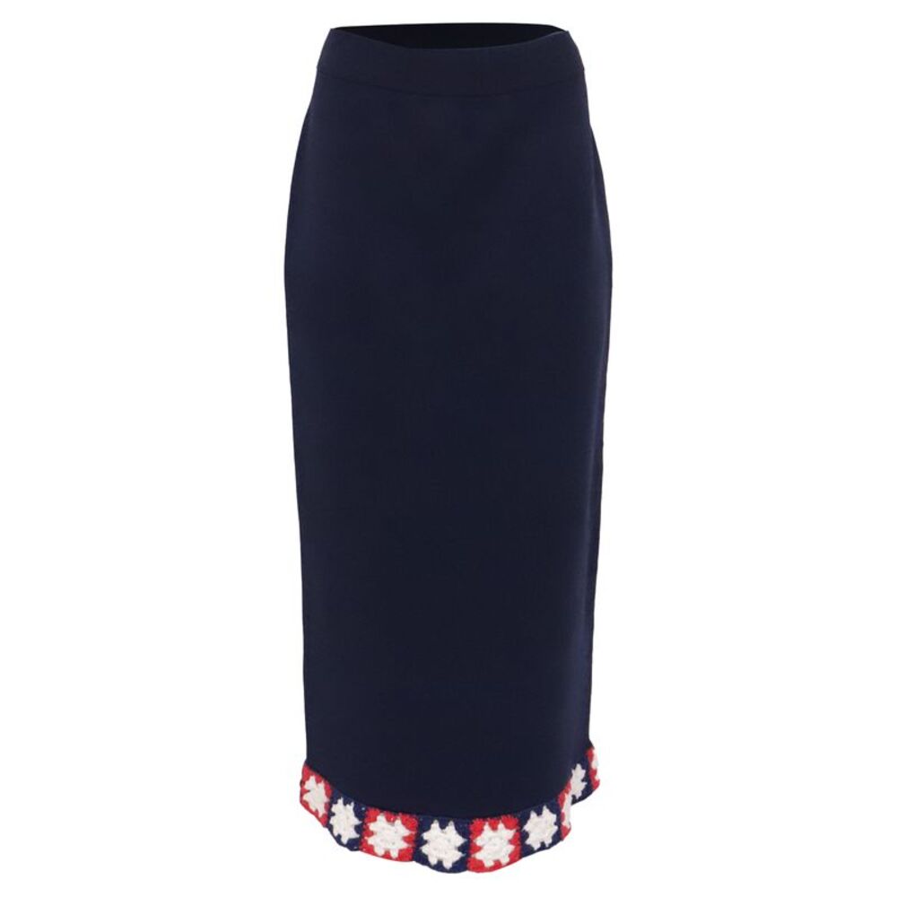Staud Embroidered -Trimmed Midi Skirt in Navy Blue Viscose